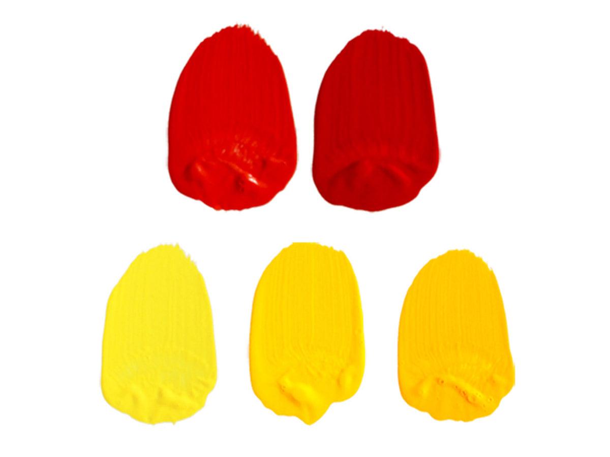 pyrrole red swatches, bismuth yellow swatches