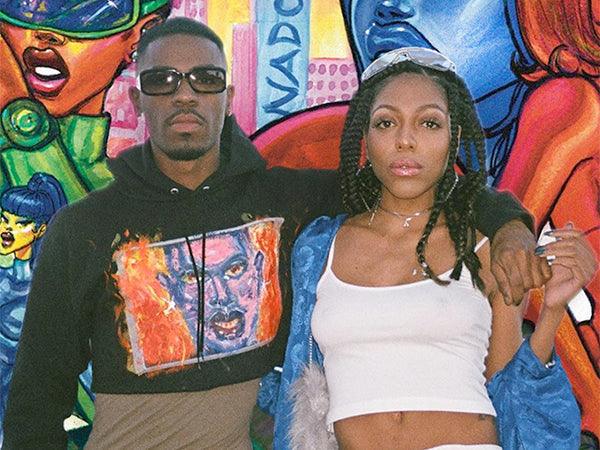 Dare and Darius Moreno are crossing arms for a photo. This image is pasted over a graphic of their artwork.