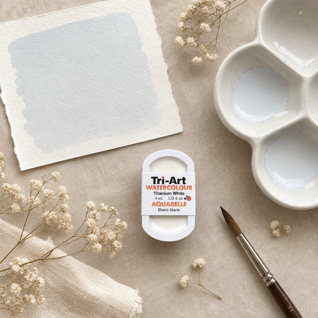 Tri-Art Watercolour pan Titanium White 4mL opaque watercolour paint, soft flat lay with dried baby's breath on cream linen
