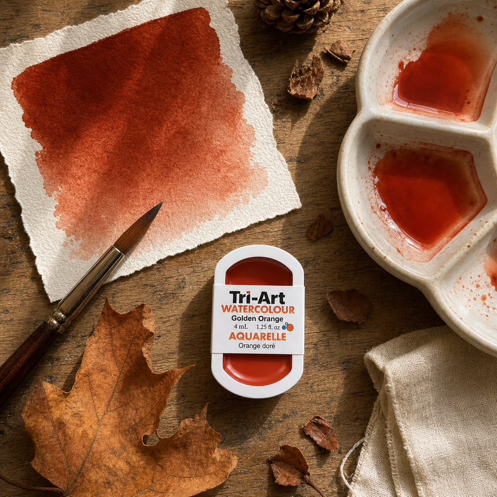 Tri-Art Watercolour pan Golden Orange transparent watercolour, deep reddish-orange wash swatch on cotton paper flat lay