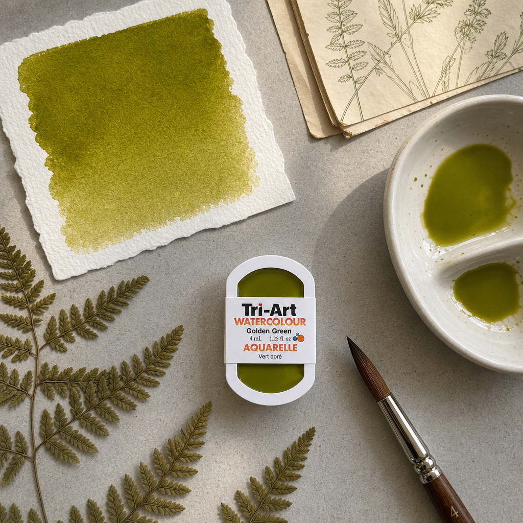 Tri-Art Watercolour pan Golden Green transparent pigment watercolour, #778600 golden olive-green, Series 2
