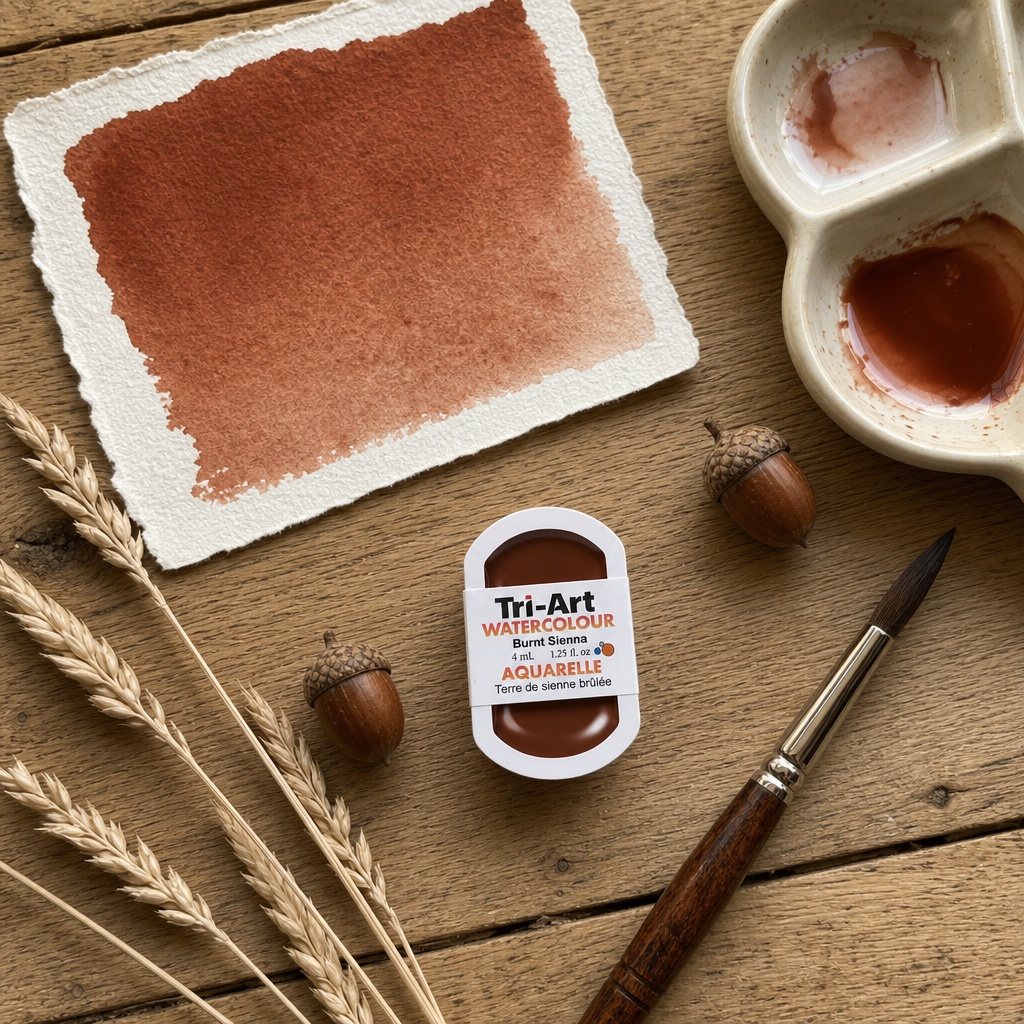 Tri-Art Watercolour pan Burnt Sienna semi-opaque Series 1 with dried wheat, acorns and painted swatch on oak