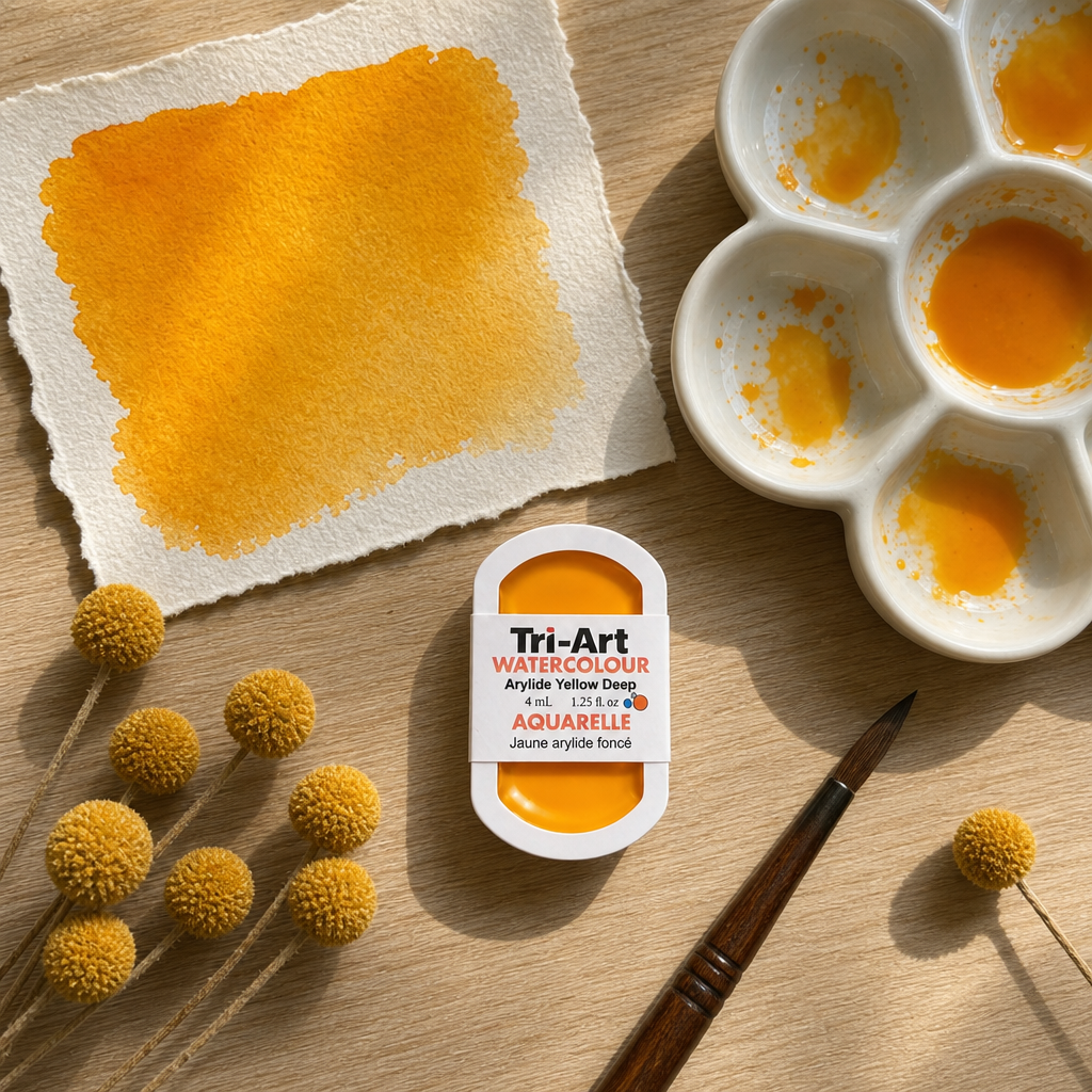 Tri-Art Watercolour pan Arylide Yellow Deep semi-opaque pigment PY 65 Series 2 flat lay with golden swatch
