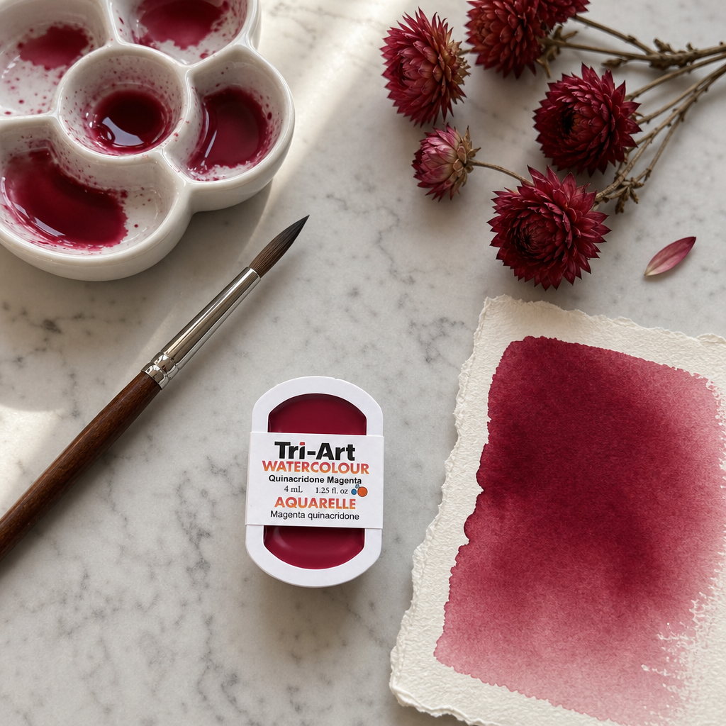 Tri-Art Watercolour pan Quinacridone Magenta transparent pigment PR 122 Series 2 flat lay with dried strawflowers