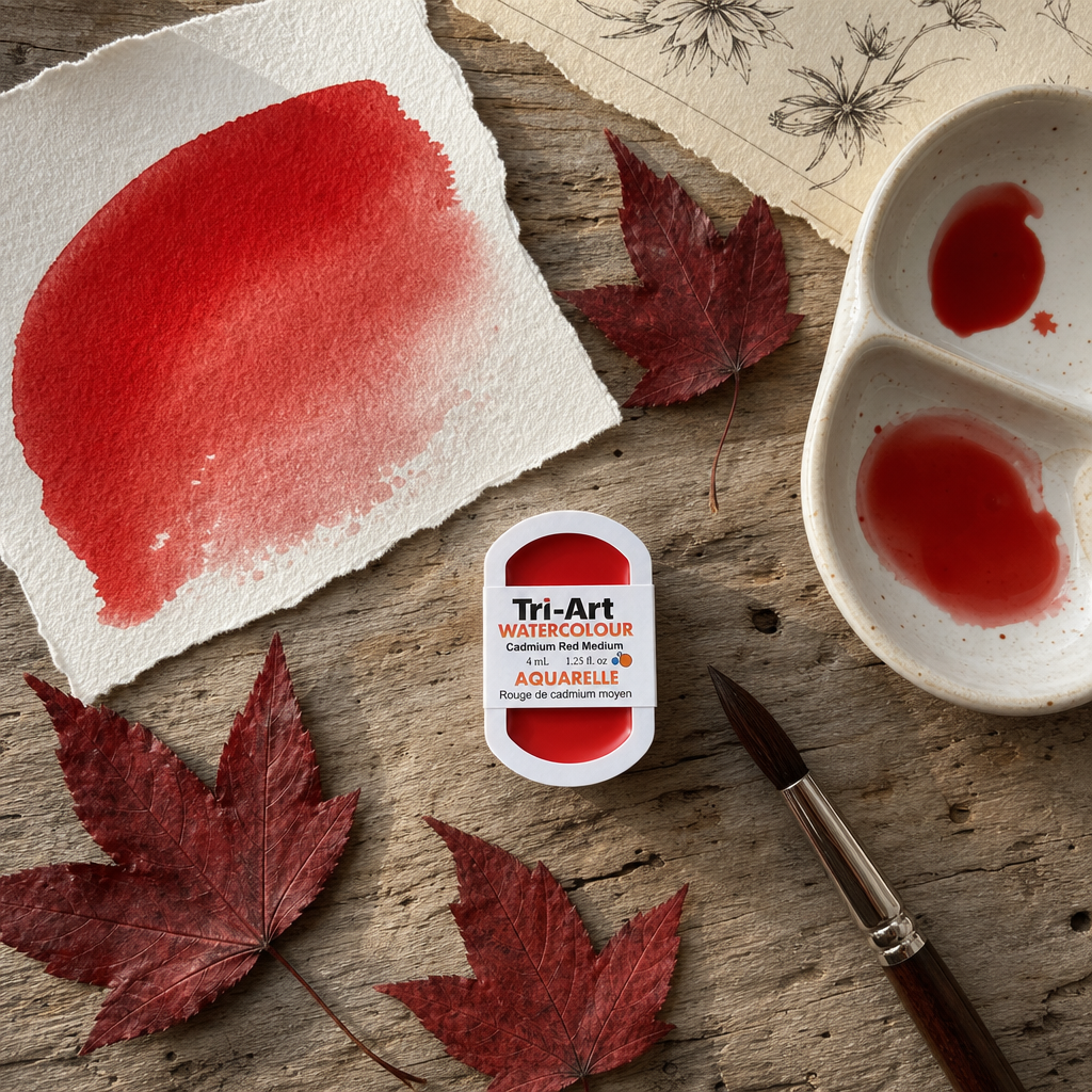 Tri-Art Watercolour pan Transparent Pyrrole Red Medium, deep crimson watercolour paint, 4mL artist quality