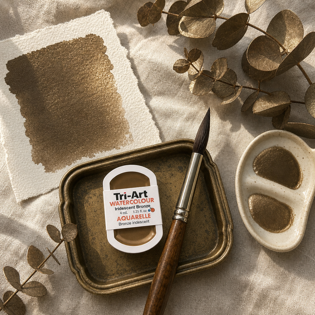 Tri-Art Watercolour pan in Iridescent Bronze #5f5139, semi-opaque metallic watercolour, Series 2, 4mL pan