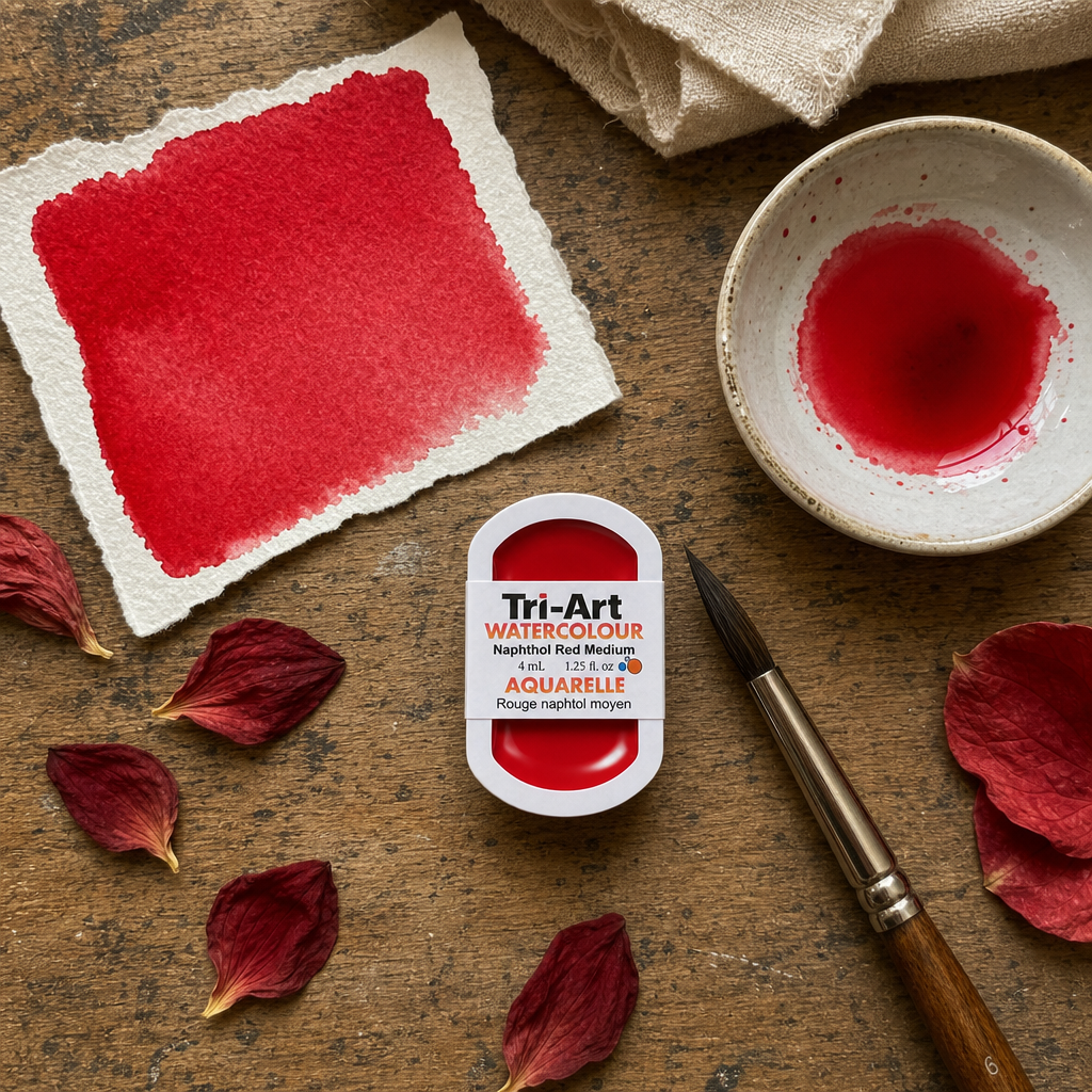 Tri-Art Watercolour pan Naphthol Red Medium – deep crimson semi-opaque watercolour, 4mL pan