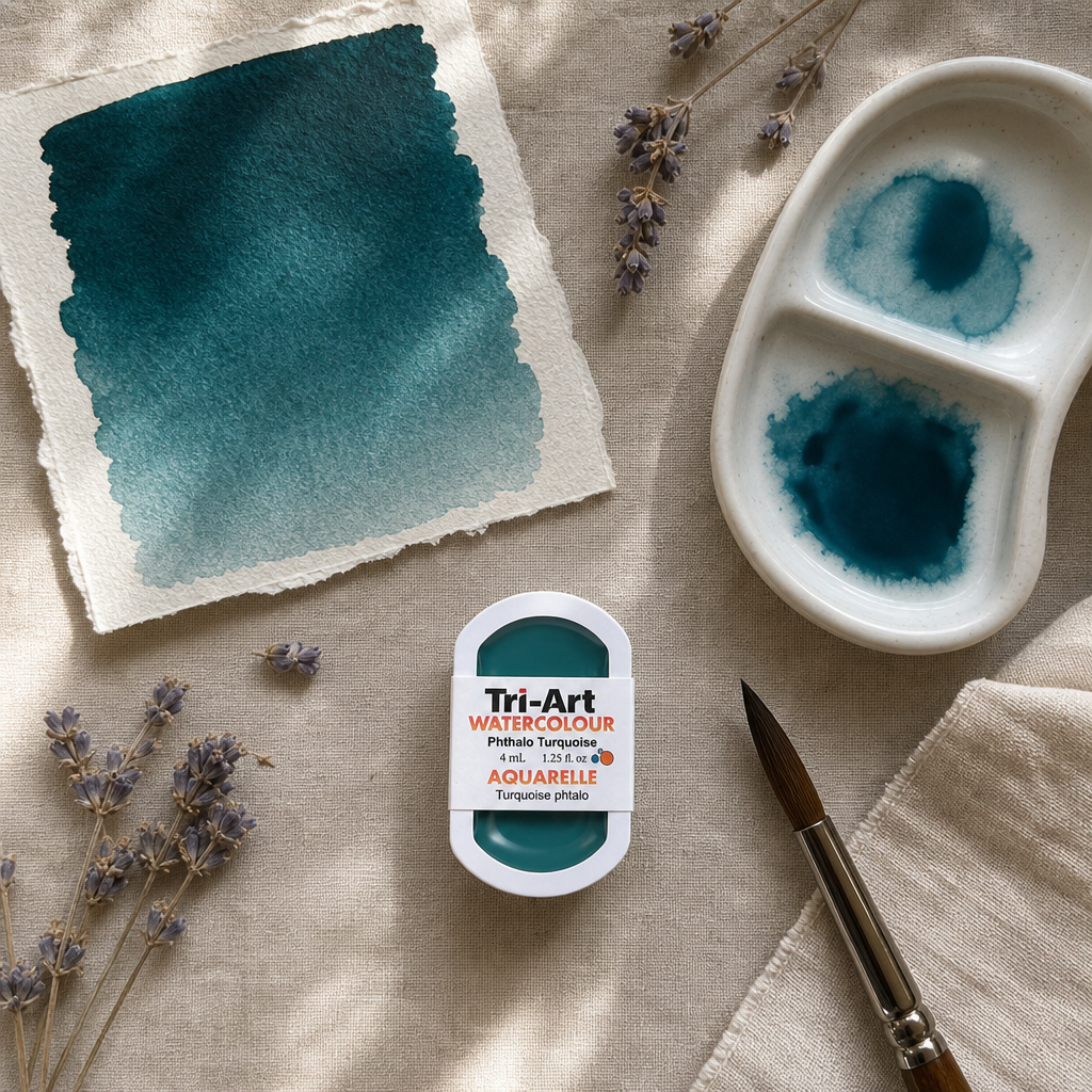 Tri-Art Watercolour pan Phthalo Turquoise transparent watercolour, Series 1, with teal swatch on cotton paper