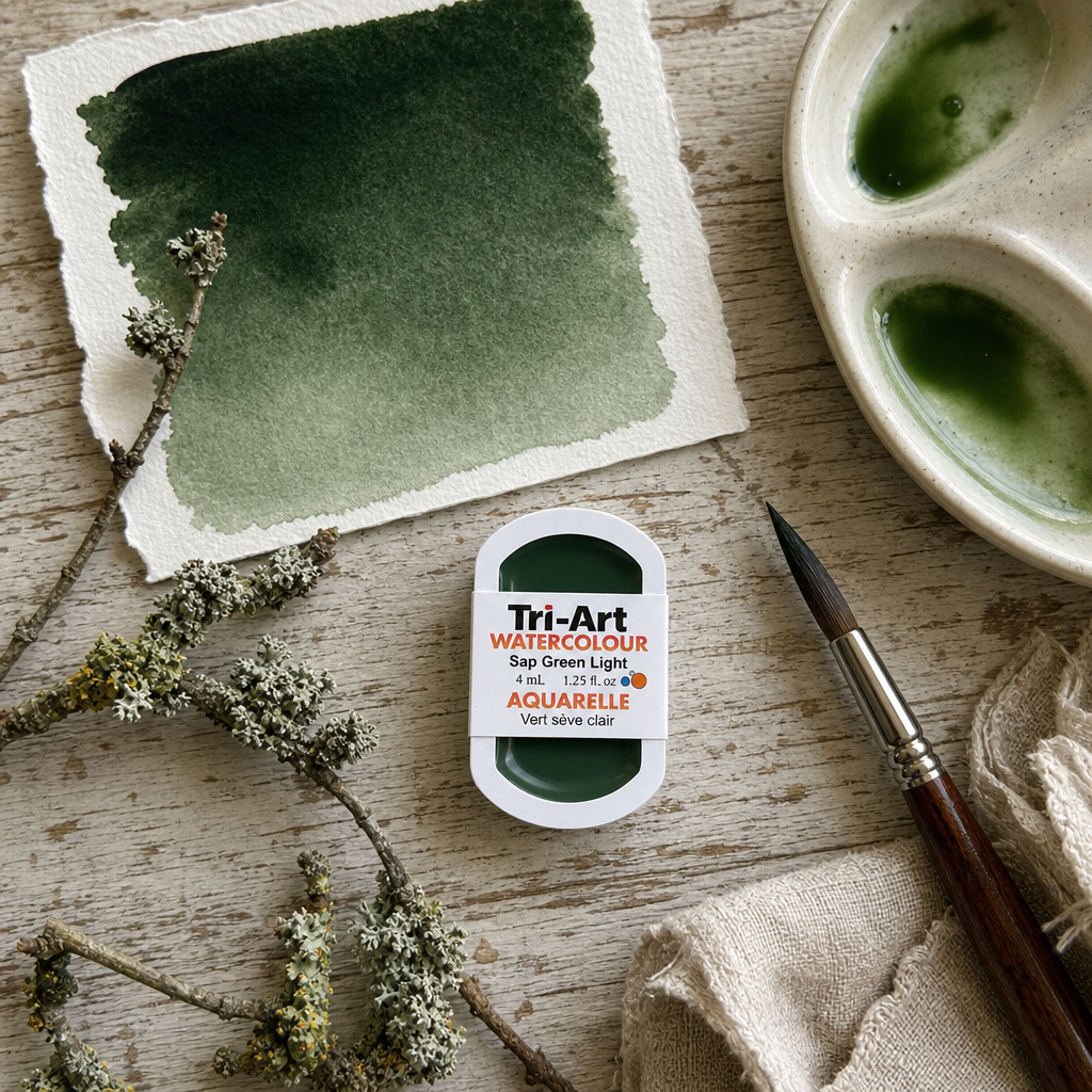 Tri-Art Watercolour pan Sap Green Light, transparent, Series 2, 4mL — flat lay with green wash swatch