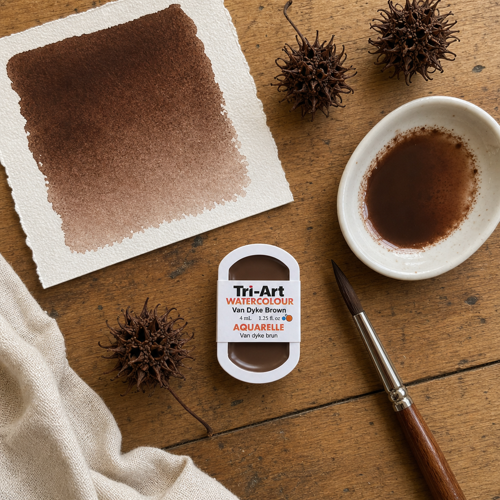 Tri-Art Watercolour pan Van Dyke Brown #5f3f33 semi-opaque Series 1 — flat lay with swatch and palette