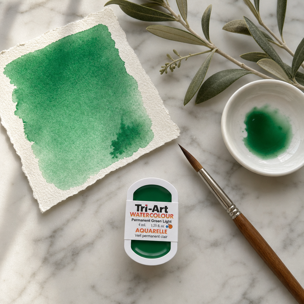 Tri-Art Watercolour pan Permanent Green Light #008644 transparent wash — 4 mL artist pan