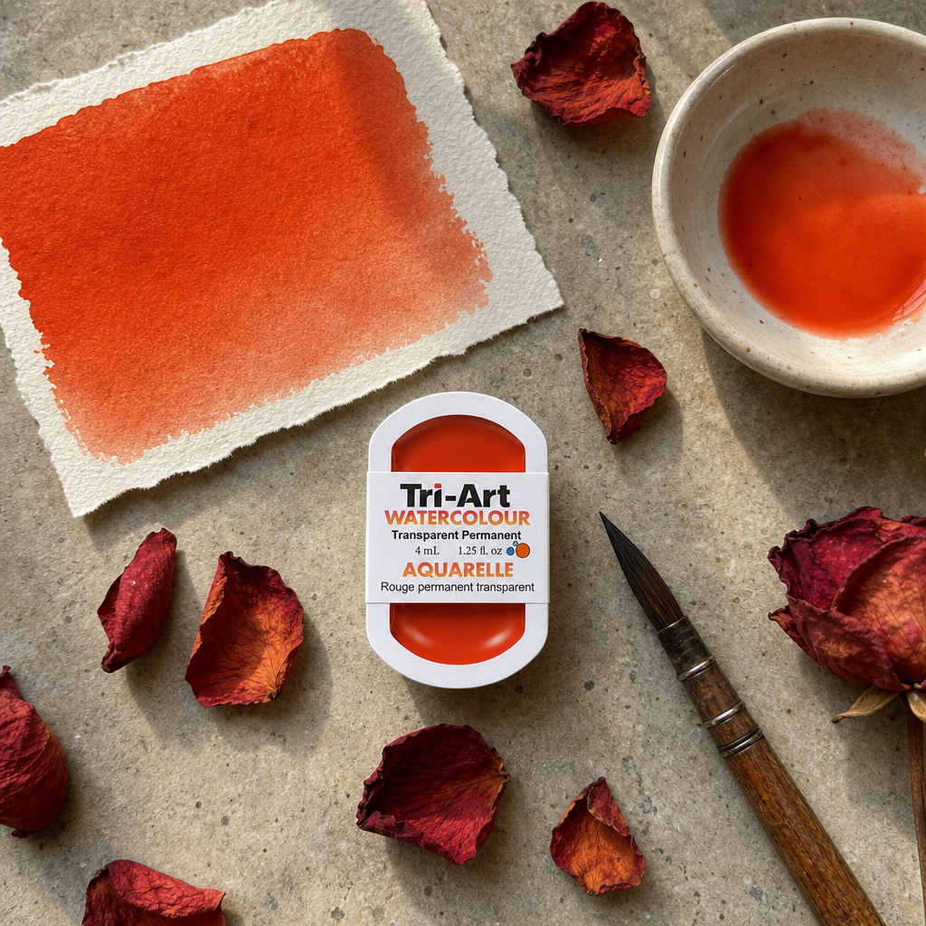 Tri-Art Watercolour pan Transparent Permanent Red Light, PO 71 Series 3, warm red-orange pigment, 4mL