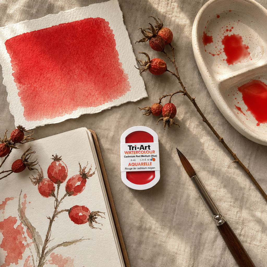 Tri-Art Watercolour pan Cadmium Red Medium Hue, 4mL semi-opaque watercolour paint, Series 1