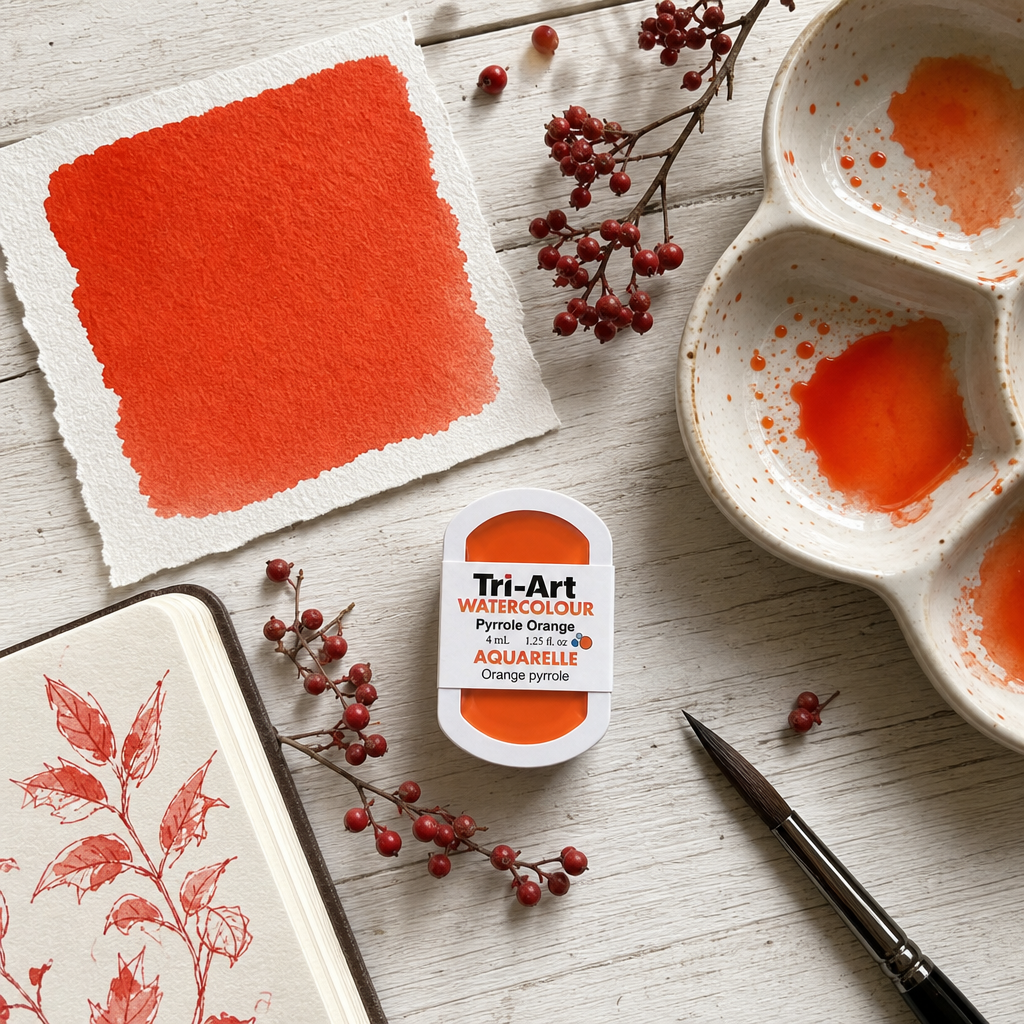 Tri-Art Watercolour pan Pyrrole Orange #ec4c25 — vibrant opaque orange watercolour, Series 3, PO 73