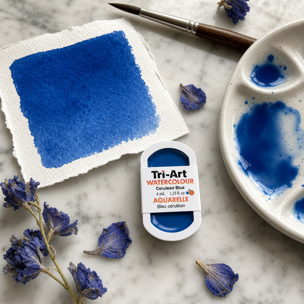 Tri-Art Watercolour pan Cerulean Blue opaque pigment PB 36 Series 3 — flat lay with swatch and palette
