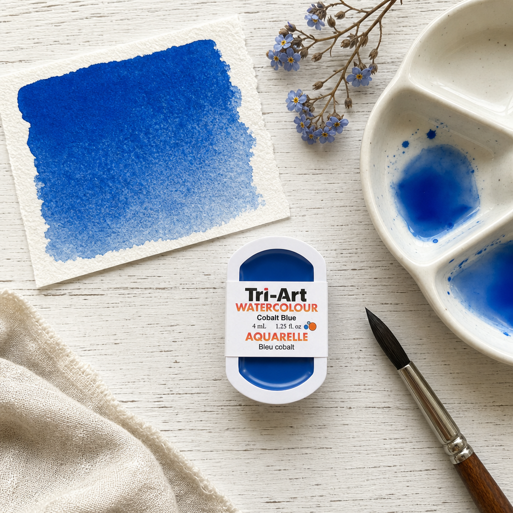 Tri-Art Watercolour pan Cobalt Blue semi-opaque pigment PB 28 Series 3 — 4mL artist watercolour paint