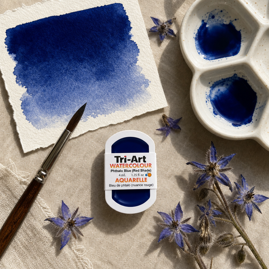 Tri-Art Watercolour pan Phthalo Blue RS, transparent deep blue, Series 2, with painted swatch and ceramic palette