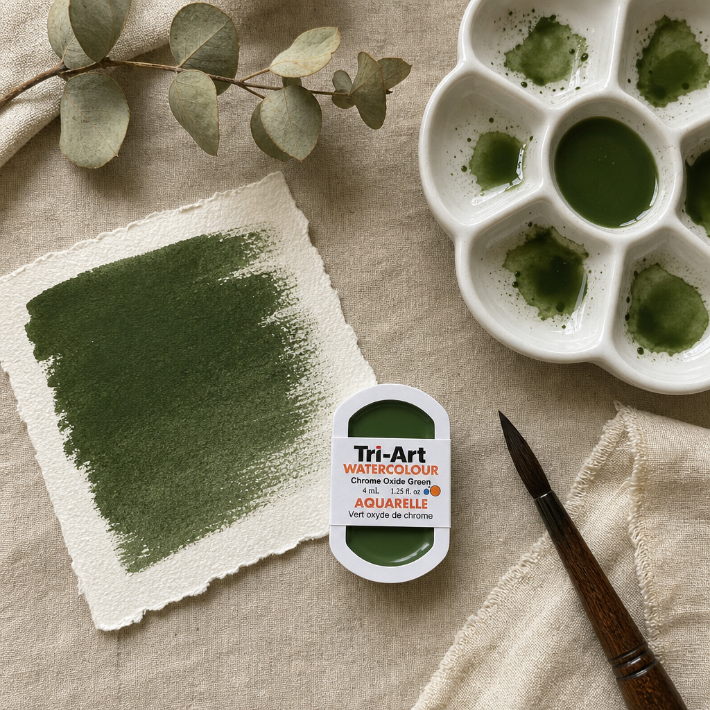 Tri-Art Watercolour pan Chrome Oxide Green 4mL — opaque PG 17 artist watercolour, Series 2