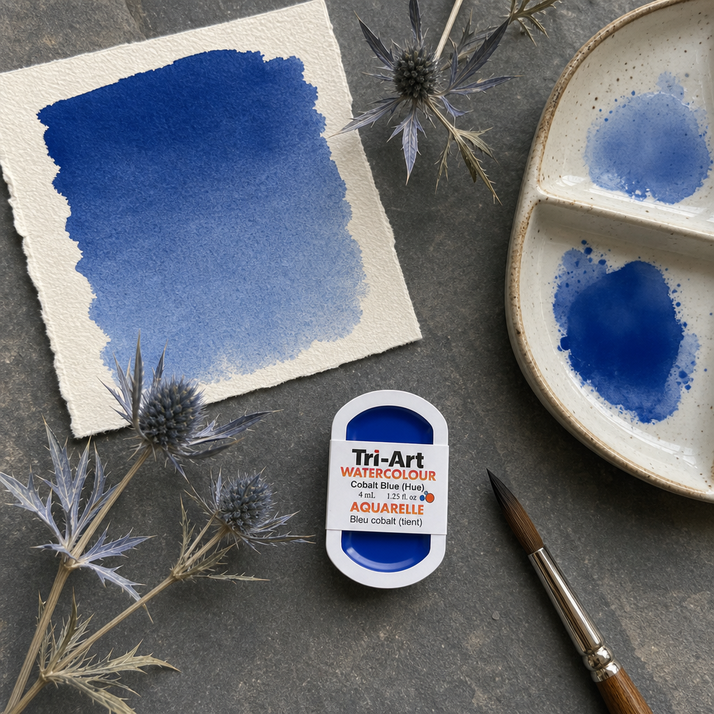 Tri-Art Watercolour pan Cobalt Blue (Hue) flat lay on slate with blue wash swatch, ceramic palette, and dried sea holly