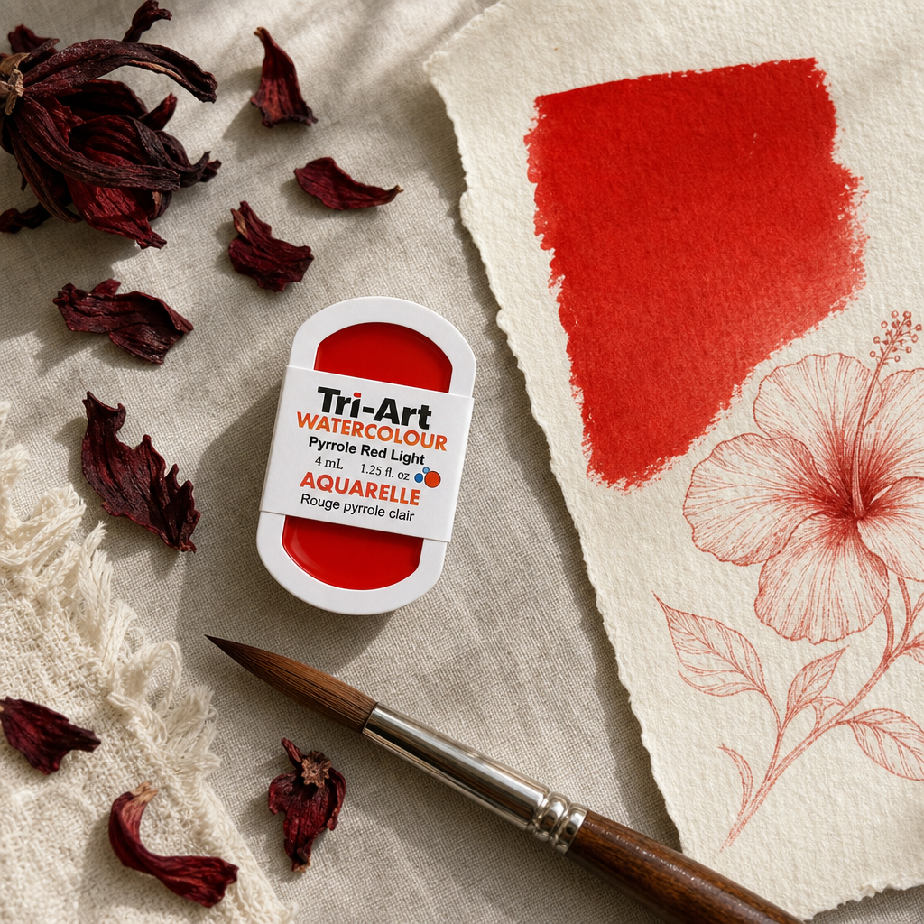 Tri-Art Watercolour pan in Pyrrole Red Light, opaque scarlet red, Series 3, with hibiscus petals and watercolour swatch