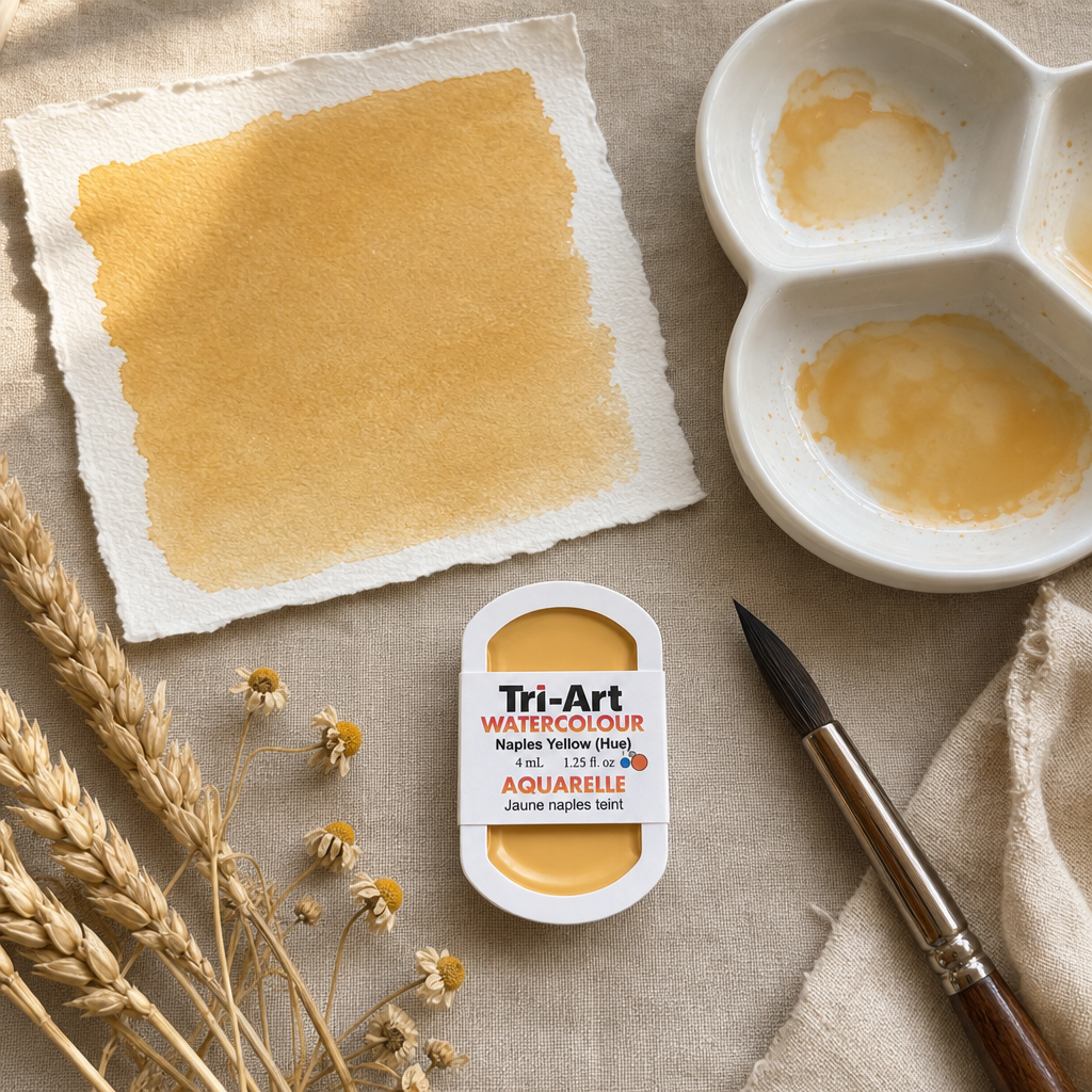 Tri-Art Watercolour pan Naples Yellow (Hue) 4mL — opaque warm golden watercolour paint, Series 1