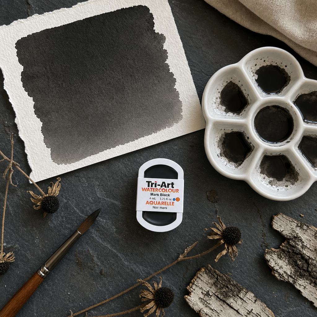 Tri-Art Watercolour pan in Mars Black – opaque, Series 1 – beside a deep black wash swatch and ceramic mixing palette