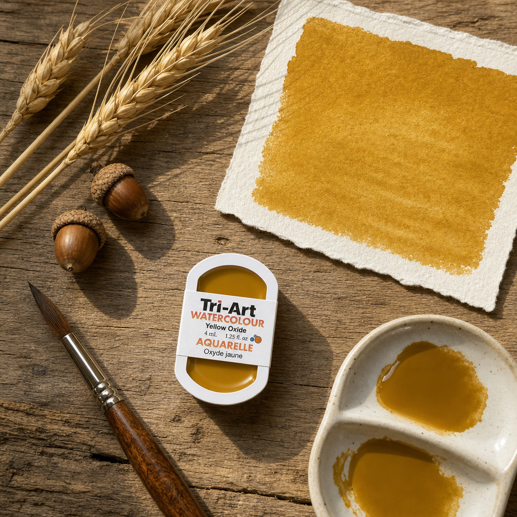Tri-Art Watercolour pan Yellow Oxide, opaque iron oxide pigment, Series 1 — 4mL half pan
