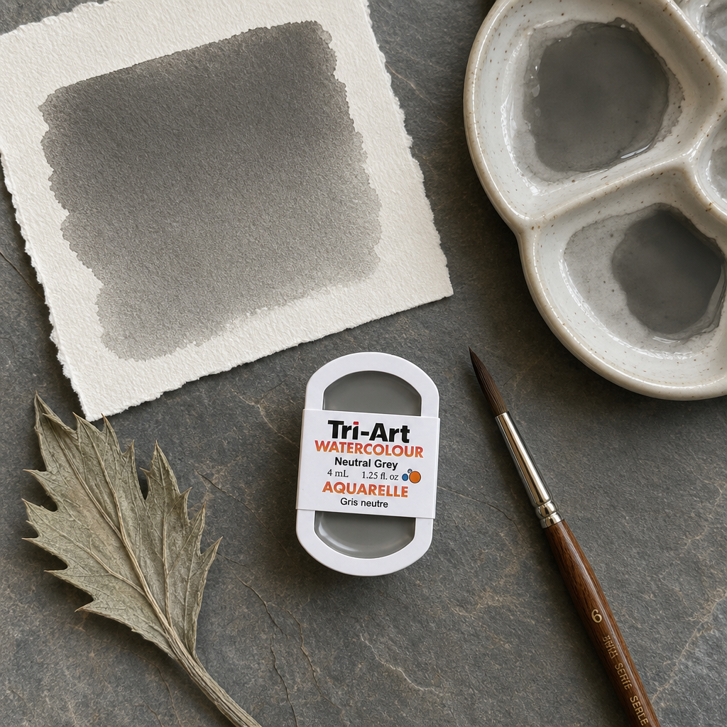 Tri-Art Watercolour pan in Neutral Grey #70706c with painted swatch, sable brush, and dried artichoke leaf on slate