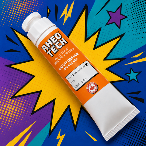 Rheotech acrylic paint tube on a colorful abstract background
