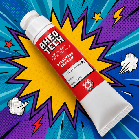 Rheo Tech acrylic paint tube on a colorful comic book style background