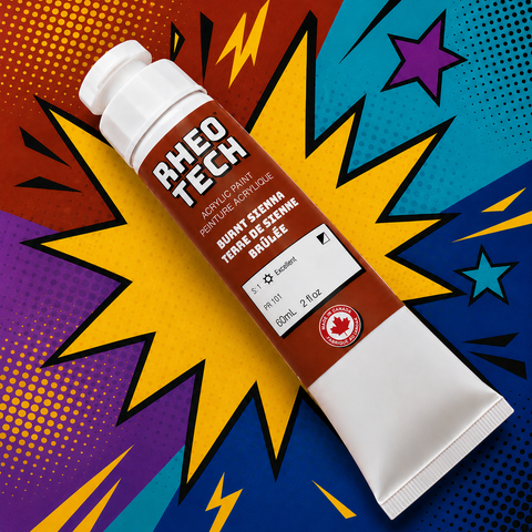 Rheotech acrylic paint tube on a colorful abstract background