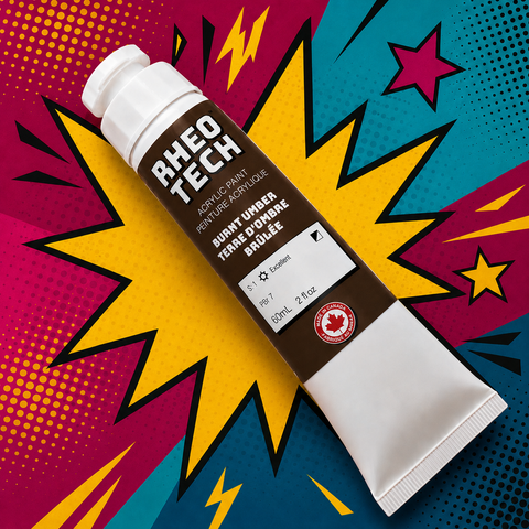 Rheotech acrylic paint tube on a colorful abstract background