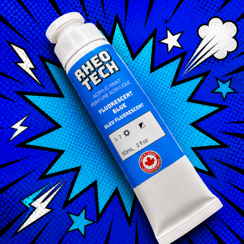 Rheo Tech acrylic paint tube on a blue comic book style background