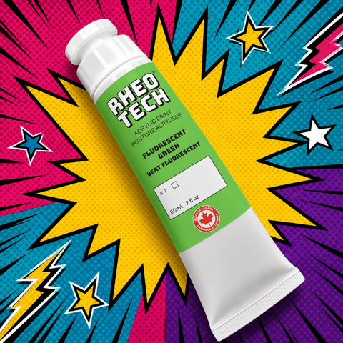 Rheo Tech acrylic paint tube on a colorful comic book style background