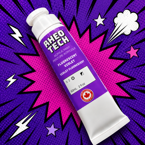 A tube of Rheo Tech acrylic paint on a colorful background with stars and lightning bolts.