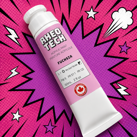 A tube of Rheotech acrylic paint on a colorful background with comic book style elements.