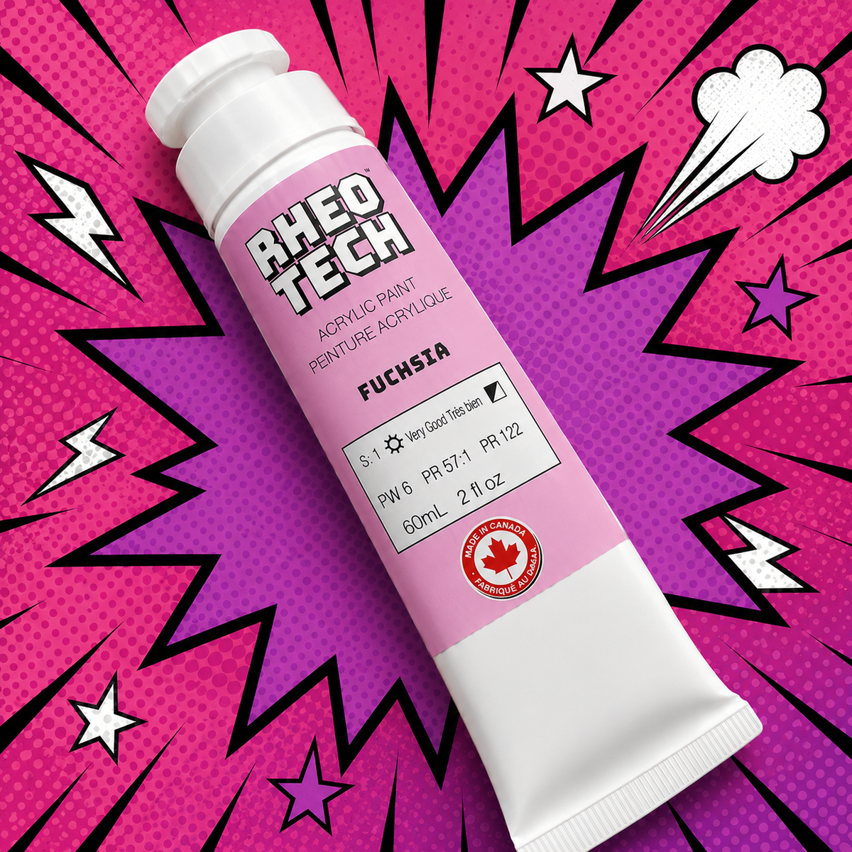 A tube of Rheotech acrylic paint on a colorful background with comic book style elements.