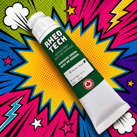A tube of Aheo Tech acrylic paint on a colorful, comic book-style background