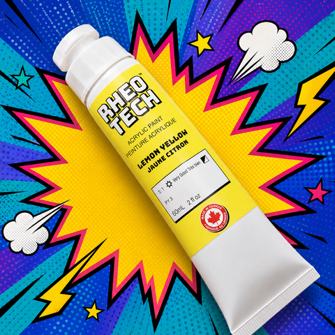 Rheotech acrylic paint tube on a colorful comic book style background