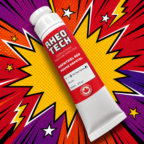Rheo Tech acrylic paint tube on a colorful comic book style background