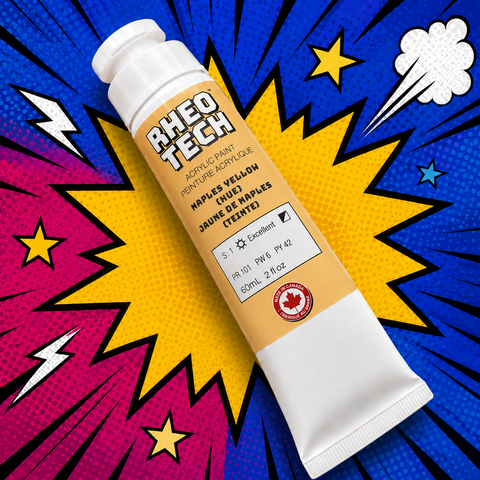 Rheotech acrylic paint tube on a colorful comic book style background