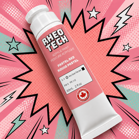 A tube of Rheo Tech acrylic paint on a colorful background with stars and lines.