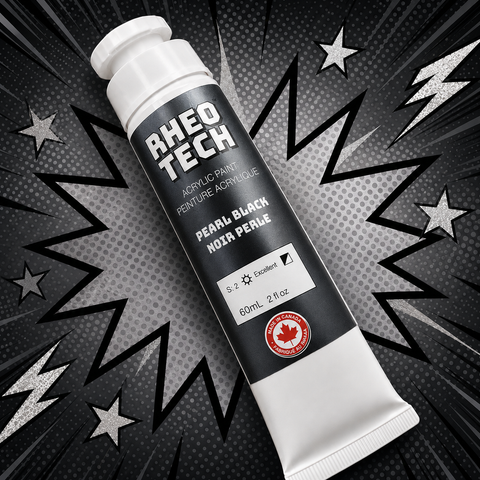 Rheo Tech acrylic paint tube on a dynamic background with stars and lightning bolts.
