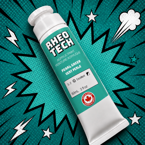 Rheo Tech acrylic paint tube on a dynamic background with stars and lightning bolts.