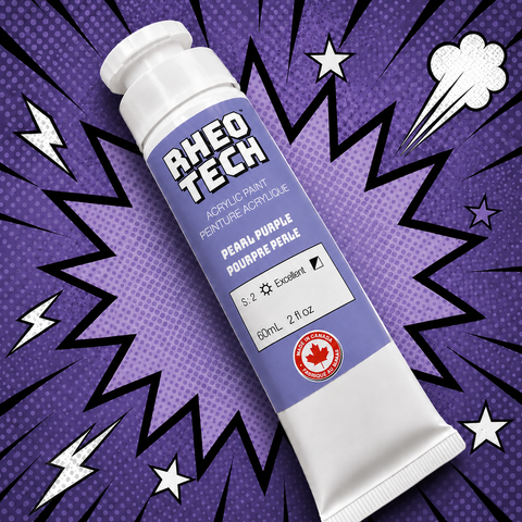 Rheo Tech acrylic paint tube on a purple background with comic book style elements