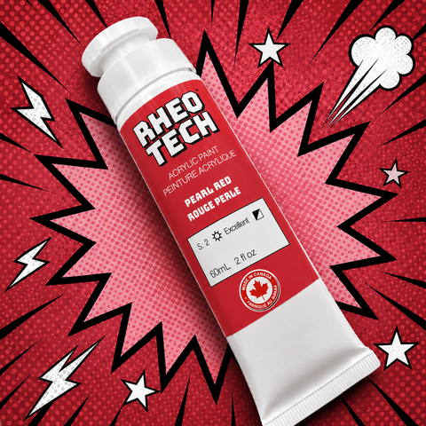 Rheo Tech acrylic paint tube on a red comic book style background