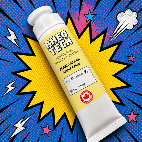 Rheo Tech acrylic paint tube on a colorful comic book style background