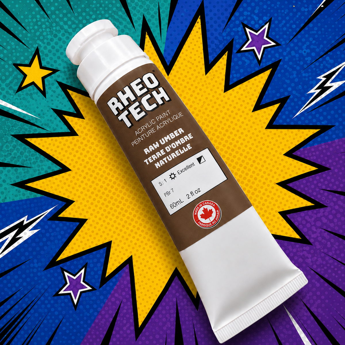 Rheo Tech acrylic paint tube on a colorful abstract background