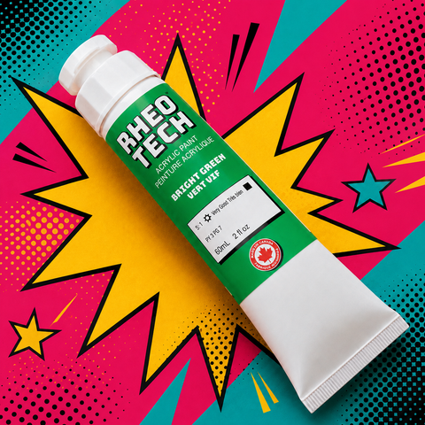 Rheo Tech acrylic paint tube on a colorful abstract background
