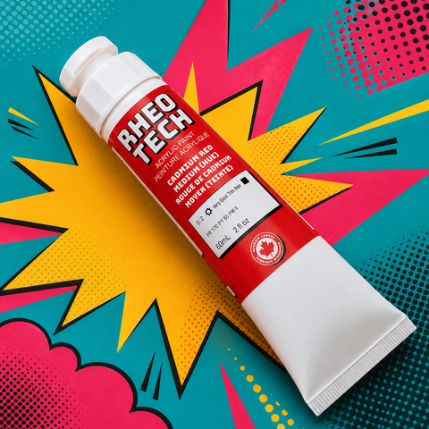 Rheo Tech acrylic paint tube on a colorful abstract background